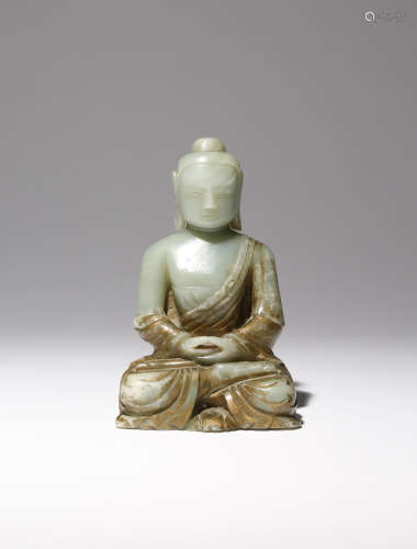 A CHINESE CELADON JADE FIGURE OF AMITABHA BUDDHA QING DYNASTY Carved seated in dhyanasana with his