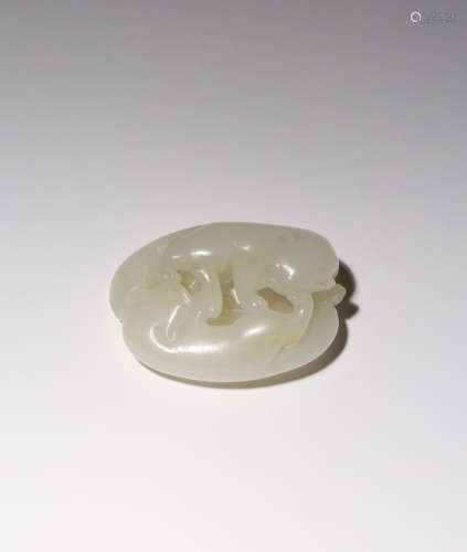 A CHINESE WHITE JADE 'BADGERS' PENDANT 18TH CENTURY Of oval form, carved in openwork with two