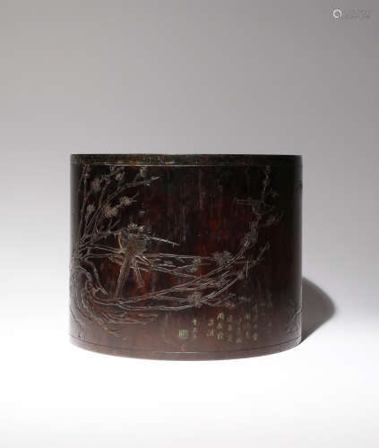 A LARGE CHINESE ZITAN BRUSHPOT, BITONG QING DYNASTY The cylindrical body carved in low relief with