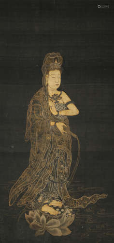 ANONYMOUS (LATE QING DYNASTY) PORTRAIT OF GUANYIN A Chinese painting, delicately painted with gold