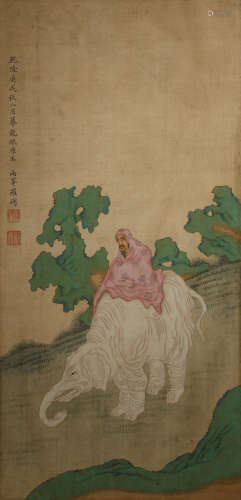 AFTER LUO PIN (LATE QING DYNASTY) A LUOHAN RIDING AN ELEPHANT A Chinese painting, ink and colour