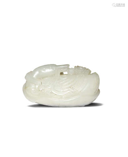 A CHINESE PALE CELADON JADE CARVING OF TWO GEESE QIANLONG 1736-95 Formed as a large goose seated