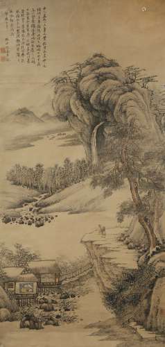 AFTER WEN JIA (LATE QING DYNASTY) SCHOLARS UNDER PINE TREES A Chinese painting, ink and colour on