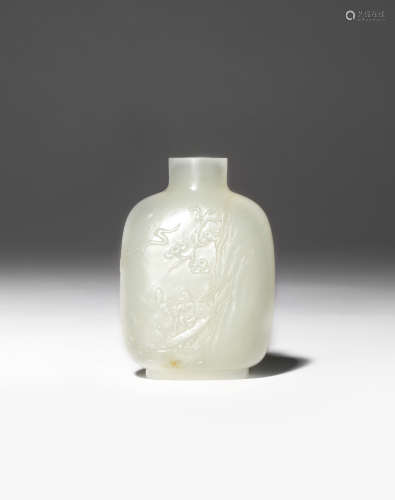 A CHINESE PALE CELADON JADE SNUFF BOTTLE 18TH CENTURY One side worked in low relief with a seated