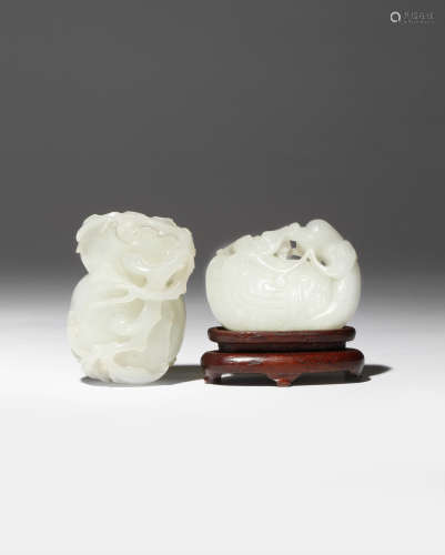 TWO CHINESE WHITE JADE CARVINGS 18TH/19TH CENTURY One carved as a crested Mandarin duck grasping a
