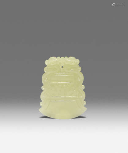 A RARE CHINESE YELLOW JADE PENDANT QIANLONG 1736-95 Carved in the shape of a bell, decorated in