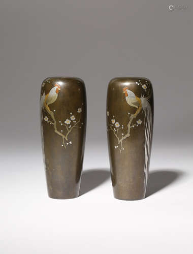 A PAIR OF JAPANESE NOGAWA INLAID BRONZE VASES MEIJI PERIOD, 19TH CENTURY Each decorated with an