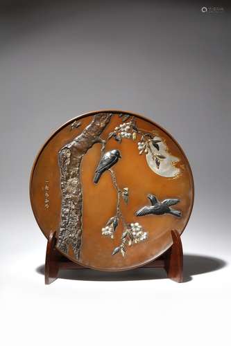 A LARGE JAPANESE INLAID BRONZE DISH MEIJI PERIOD, 19TH OR 20TH CENTURY Decorated to the well with