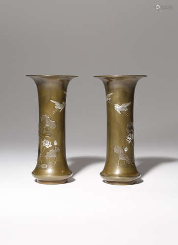 A PAIR OF JAPANESE INLAID BRONZE VASES MEIJI PERIOD, 19TH CENTURY Of tall trumpet shape, both