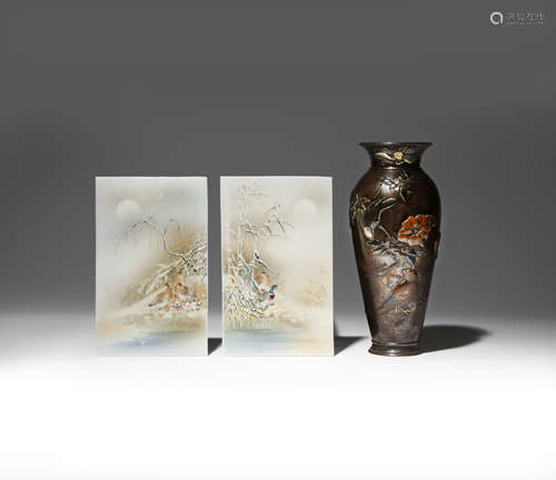 A JAPANESE MIXED METAL VASE MEIJI PERIOD, 19TH CENTURY Of tall baluster shape and decorated with a