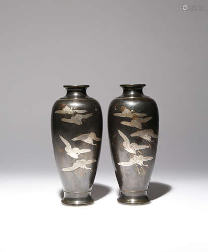 A PAIR OF JAPANESE NOGAWA INLAID BRONZE VASES MEIJI PERIOD, 19TH CENTURY Of tall baluster shape,