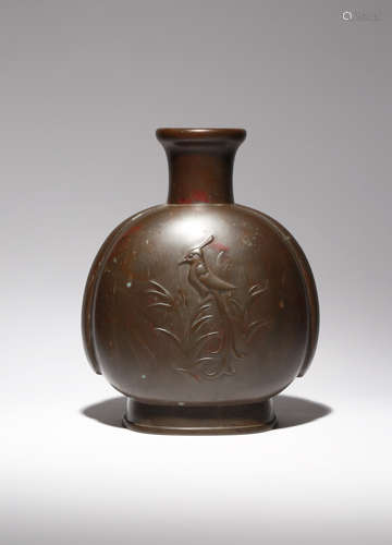 A JAPANESE BRONZE VASE TAISHO PERIOD, 20TH CENTURY Of flattened circular form, raised on a large