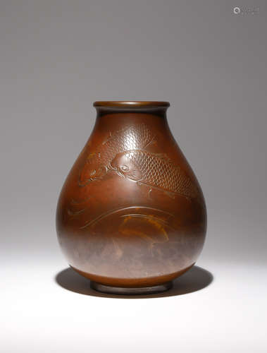 A JAPANESE BRONZE VASE WITH CARP MEIJI PERIOD, 19TH CENTURY The pear-shaped body raised on a short