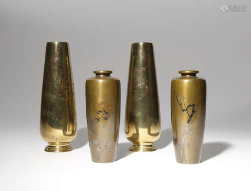 TWO PAIRS OF JAPANESE BRONZE VASES MEIJI OR TAISHO PERIOD, 19TH OR 20TH CENTURY One pair decorated