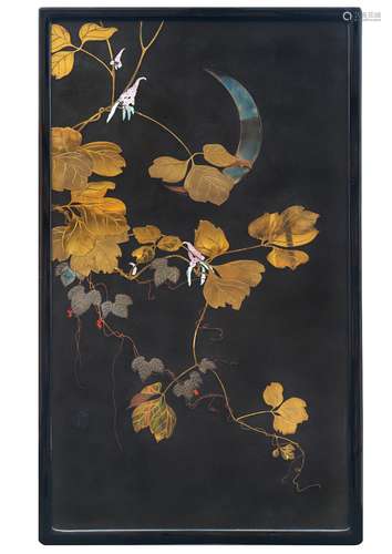 A JAPANESE INLAID LACQUER PANEL MODERN, 20TH CENTURY The rectangular panel decorated with mixed