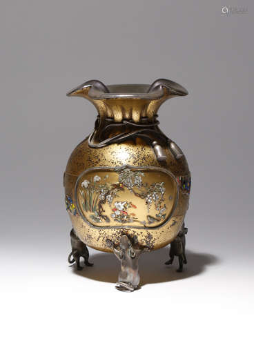 A JAPANESE SHIBAYAMA LACQUER AND SILVER VASE MEIJI PERIOD, 19TH CENTURY Modelled as the God of