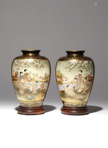 A PAIR OF JAPANESE SATSUMA VASES MEIJI PERIOD, 19TH CENTURY Of baluster shape and painted with