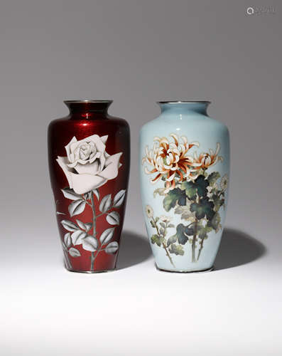 TWO JAPANESE CLOISONNE ENAMEL VASES BY ANDO JUBEI TAISHO OR SHOWA ERA, 20TH CENTURY Both baluster-