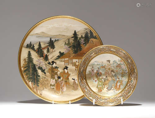 A LARGE JAPANESE SATSUMA DISH AND A BOWL MEIJI PERIOD, 19TH CENTURY The plate decorated with