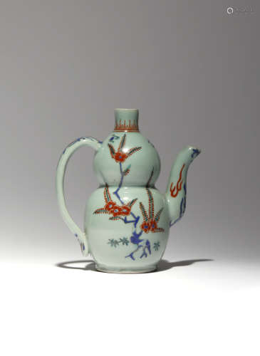 A RARE JAPANESE CELADON-GROUND GOURD EWER EDO PERIOD, C.1660-80 The body decorated in iron-red,