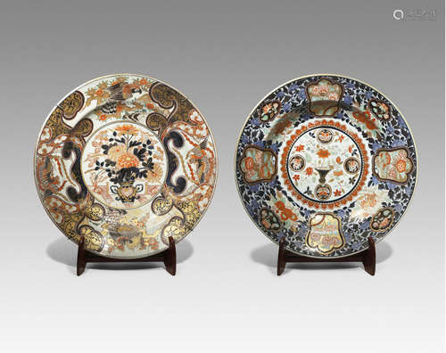 TWO MASSIVE JAPANESE IMARI CHARGERS EDO PERIOD, 18TH CENTURY Both decorated in underglaze blue,