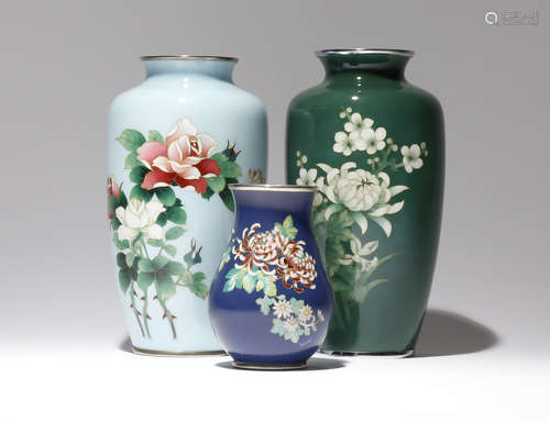 THREE JAPANESE CLOISONNE VASES MEIJI PERIOD, 19TH CENTURY Two of baluster form and the third pear-