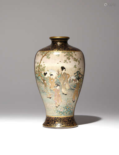 A JAPANESE SATSUMA VASE MEIJI PERIOD, 19TH CENTURY The tall baluster-shaped body decorated with