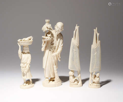 λ FOUR JAPANESE IVORY CARVINGS, OKIMONO MEIJI PERIOD, 19TH CENTURY One an elderly man carrying a