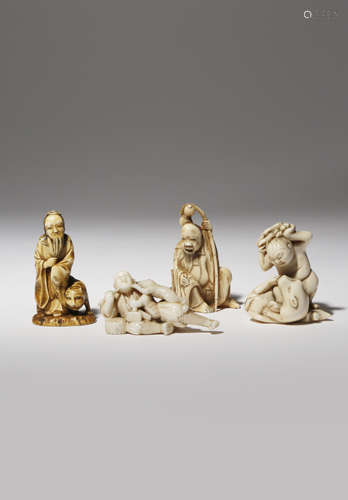 λ FOUR JAPANESE IVORY NETSUKE MEIJI PERIOD, 19TH CENTURY One a smoking man, reclining and with a