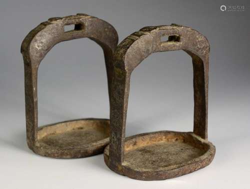 A PAIR OF IRON RIDING STIRRUPS