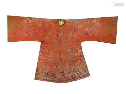 A CHINESE ORANGE-GROUND EMBROIDERED SILK 'DRAGON' ROBE LATE QING DYNASTY Decorated with the mythical