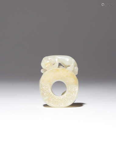 A SMALL CHINESE WHITE JADE 'CHILONG' PENDANT QING DYNASTY Carved with two feline-like mythical