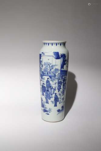 A CHINESE BLUE AND WHITE TRANSITIONAL STYLE SLEEVE VASE 19TH CENTURY The tall cylindrical body