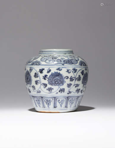 A CHINESE BLUE AND WHITE JAR MING DYNASTY The ovoid body decorated with a continuous scroll of