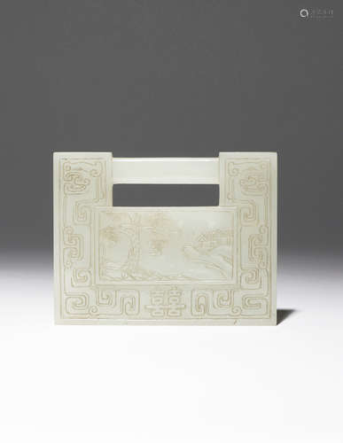 A CHINESE CELADON JADE RECTANGULAR PLAQUE QING DYNASTY Formed as a lock, decorated to one side