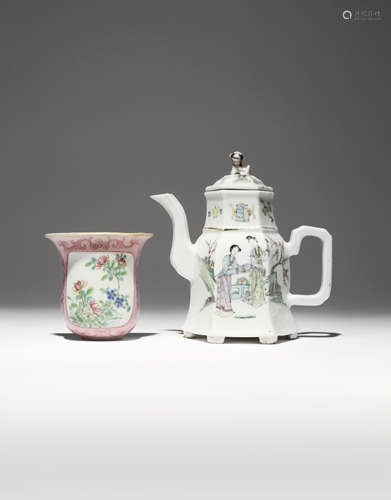 A CHINESE FAMILLE ROSE WALL VASE AND A HEXAGONAL-SECTION TEAPOT AND COVER LATE QING DYNASTY/REPUBLIC