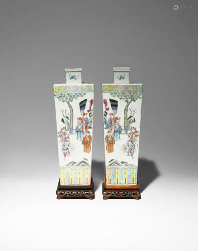 A PAIR OF CHINESE FAMILLE ROSE SQUARE-SECTION VASES 19TH CENTURY Painted with figures and animals in