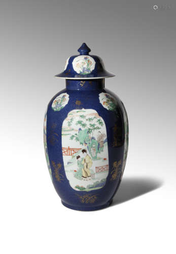 A SAMSON FAMILLE VERTE AND GILT-DECORATED POWDER BLUE-GROUND VASE AND COVER 19TH CENTURY The ovoid