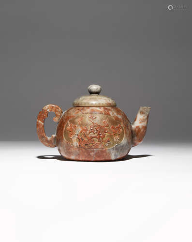 A CHINESE SOAPSTONE TEAPOT AND COVER QING DYNASTY Decorated in low relief with two cartouches