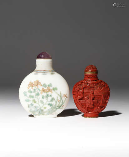 TWO CHINESE SNUFF BOTTLES 19TH/20TH CENTURY One carved in cinnabar lacquer with a lady and boy