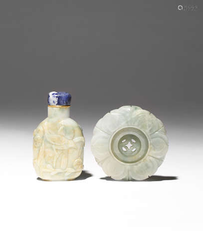 A CHINESE JADEITE SNUFF BOTTLE AND A JADEITE PENDANT LATE QING DYNASTY/REPUBLIC PERIOD The snuff