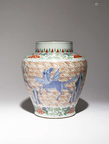 A CHINESE WUCAI BALUSTER VASE 19TH CENTURY Decorated to the exterior with four mythical horses