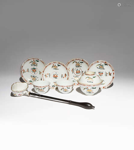 A SMALL GROUP OF CHINESE FAMILLE VERTE ITEMS AND A FAMILLE ROSE TODDY LADLE 18TH CENTURY Comprising: