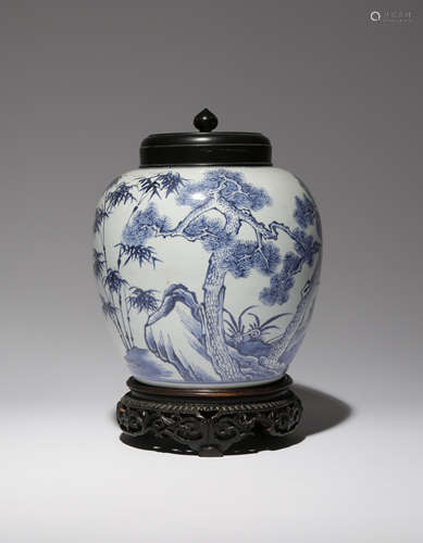 A CHINESE BLUE AND WHITE 'THREE FRIENDS OF WINTER' OVOID VASE 18TH CENTURY Painted with a continuous