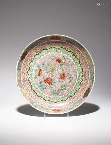 A LARGE CHINESE WUCAI DISH KANGXI 1662-1722 Painted to the centre with peony and chrysanthemum