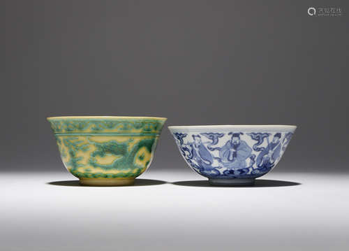 A CHINESE YELLOW-GROUND 'DRAGON' BOWL AND A BLUE AND WHITE 'BAXIAN' TEA BOWL 19TH CENTURY The yellow