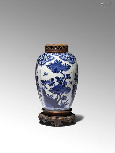 A CHINESE BLUE AND WHITE OVOID VASE KANGXI 1662-1722 Painted with four large panels enclosing