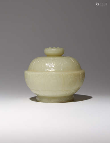 A CHINESE YELLOW JADE 'BAJIXIANG' BOWL AND COVER QING DYNASTY OR LATER Carved as a lotus flowerhead,