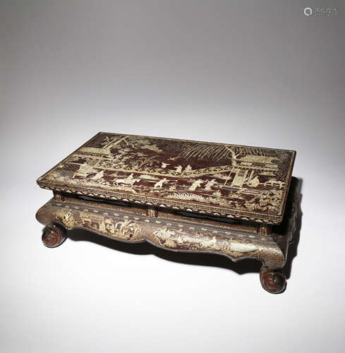 A SMALL CHINESE MOTHER OF PEARL INLAID LACQUER TABLE LATE MING DYNASTY The rectangular top decorated