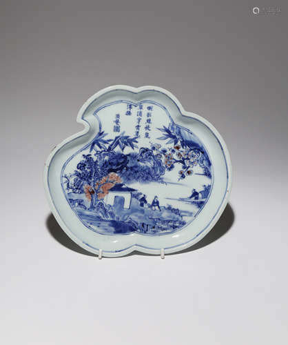 A CHINESE UNDERGLAZE BLUE AND RED 'THREE FRIENDS OF WINTER' DISH 18TH CENTURY Shaped as a cloud,